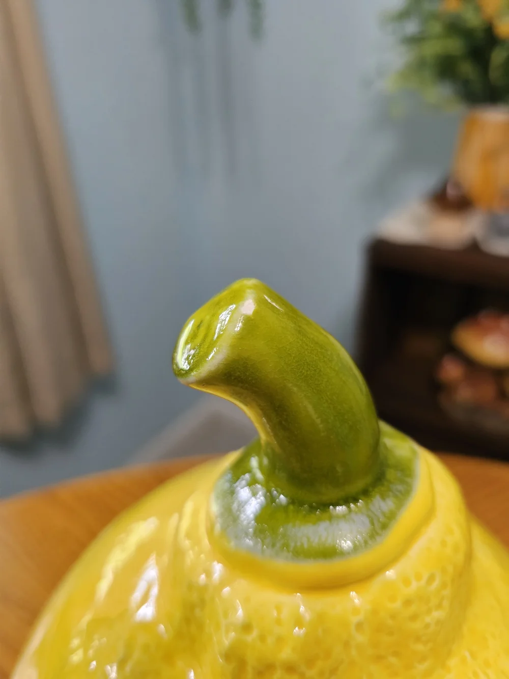 Vintage Ceramic Yellow Lemon Cookie Jar Stem Lid Maximalist Whimsical